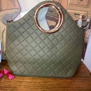 Olive Green Quilted Tote Bag with Gold Accents